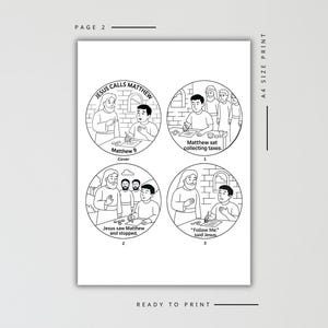Puede incluir: Ilustraci&oacute;n en blanco y negro de una historia religiosa, con cuatro paneles circulares con texto. Los paneles representan escenas con figuras, incluyendo a Jes&uacute;s y Mateo. El texto incluye "Jes&uacute;s llama a Mateo" y "S&iacute;gueme."