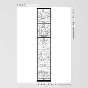 Peut inclure: Page imprimable en noir et blanc de format A4, illustrant une histoire religieuse. Les images repr&eacute;sentent une narration biblique, avec des l&eacute;gendes textuelles telles que "J&eacute;sus a parl&eacute; &agrave; ses amis" et "Les anges ont dit que J&eacute;sus reviendrait."