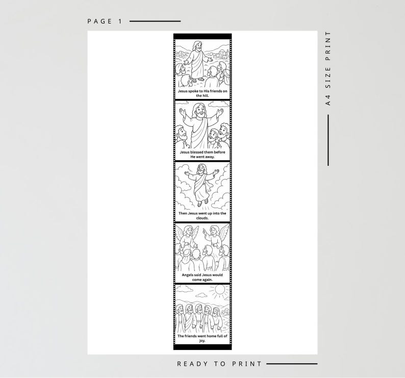 Peut inclure: Page imprimable en noir et blanc de format A4, illustrant une histoire religieuse. Les images repr&eacute;sentent une narration biblique, avec des l&eacute;gendes textuelles telles que "J&eacute;sus a parl&eacute; &agrave; ses amis" et "Les anges ont dit que J&eacute;sus reviendrait."