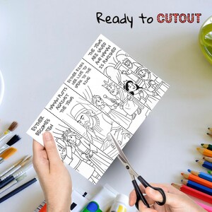 May include: A black and white illustrated cutout depicting scenes from the story of Esther. The text "Ready to CUTOUT" is at the top. Scissors are cutting the paper. Paintbrushes and coloured pencils are in the background.