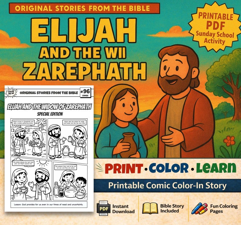Elijah and the Widow of Zarephath Bible Comic Colouring Page: listing photo