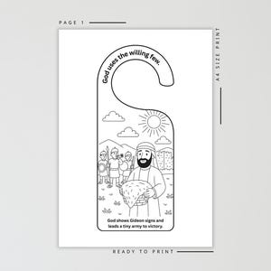 May include: Black and white door hanger with a biblical illustration. The text reads "God uses the willing few." and "God shows Gideon signs and leads a tiny army to victory." Ready to print, A4 size.