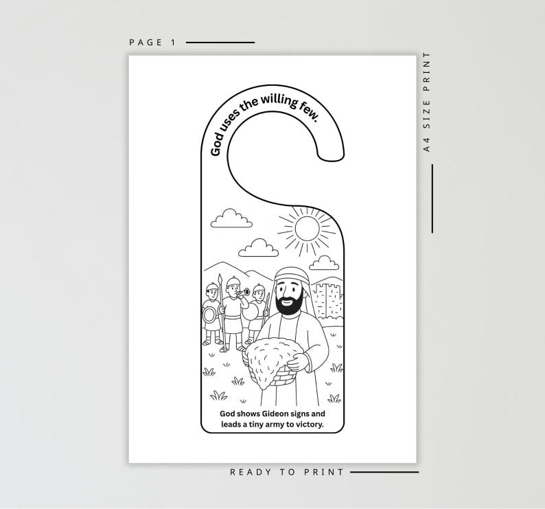 May include: Black and white door hanger with a biblical illustration. The text reads "God uses the willing few." and "God shows Gideon signs and leads a tiny army to victory." Ready to print, A4 size.
