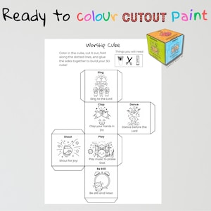 Può includere: Un progetto artigianale stampabile "Worship Cube" con istruzioni e illustrazioni. Il cubo presenta indicazioni come "Canta al Signore", "Batti le mani con gioia" e "Grida di gioia!" Le parole "Ready to colour CUTOUT Paint" sono in alto.