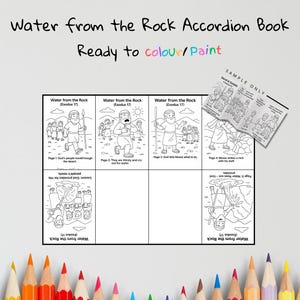 Puede incluir: Libro acordeón en blanco y negro titulado "Water from the Rock" con ilustraciones del Éxodo 17. El libro está listo para colorear y pintar, con escenas de Moisés y los israelitas en el desierto.