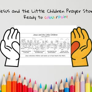 Op de afbeelding: Een kleurplaat getiteld "Jesus and the Little Children Prayer Story" met illustraties uit Marcus, hoofdstuk 10. De pagina bevat de tekst "Ready to colour/Paint" en is omgeven door kleurpotloden.