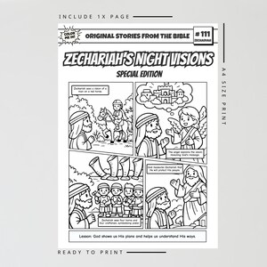 May include: Black and white comic book page titled "Zechariah's Night Visions Special Edition." The page includes illustrations of biblical scenes, text bubbles, and the text "Ready to Print." The page is A4 size.
