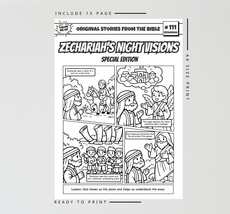 May include: Black and white comic book page titled "Zechariah's Night Visions Special Edition." The page includes illustrations of biblical scenes, text bubbles, and the text "Ready to Print." The page is A4 size.