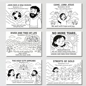 Puede incluir: Ilustraciones en blanco y negro que representan escenas de la Biblia, incluyendo a Juan viendo un nuevo cielo, el r&iacute;o y el &aacute;rbol de la vida, y las calles de oro. Cada imagen incluye texto del Apocalipsis y una lecci&oacute;n.