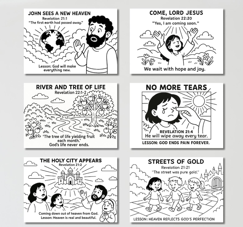 Puede incluir: Ilustraciones en blanco y negro que representan escenas de la Biblia, incluyendo a Juan viendo un nuevo cielo, el r&iacute;o y el &aacute;rbol de la vida, y las calles de oro. Cada imagen incluye texto del Apocalipsis y una lecci&oacute;n.