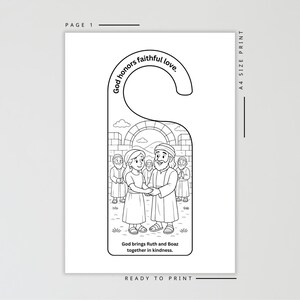 May include: Black and white door hanger with a biblical illustration. The image depicts Ruth and Boaz holding hands, surrounded by other figures. Text includes "God honors faithful love" and "God brings Ruth and Boaz together in kindness."