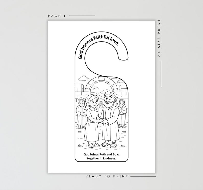 May include: Black and white door hanger with a biblical illustration. The image depicts Ruth and Boaz holding hands, surrounded by other figures. Text includes "God honors faithful love" and "God brings Ruth and Boaz together in kindness."