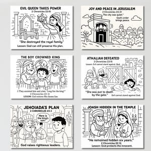 Op de afbeelding: Zwart-wit illustraties die Bijbelverhalen uitbeelden. Sc&egrave;nes omvatten een koningin met een kroon, een gekroonde jongen en figuren in verschillende omgevingen. De tekst bevat Bijbelverzen en lessen.