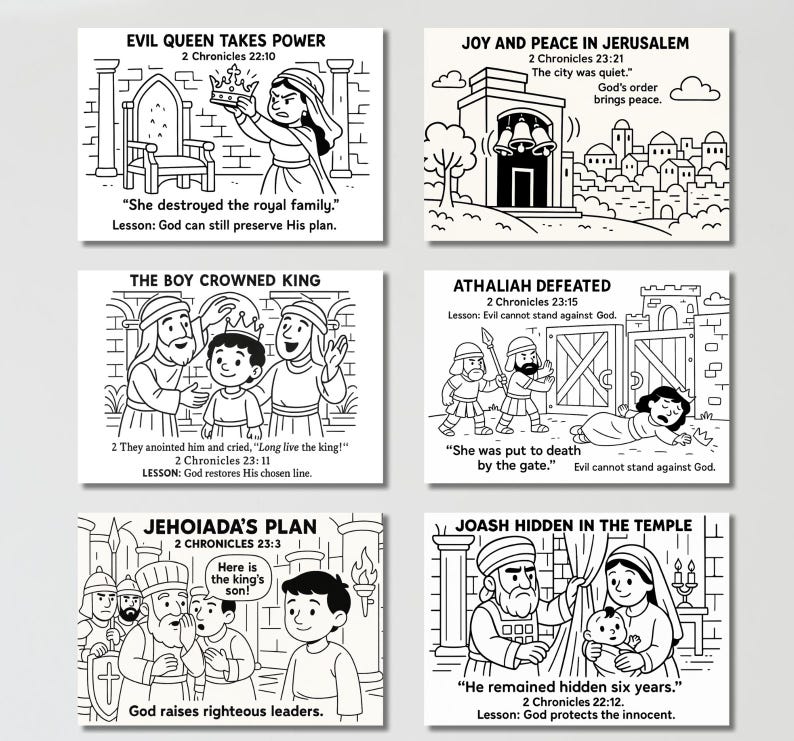 Op de afbeelding: Zwart-wit illustraties die Bijbelverhalen uitbeelden. Sc&egrave;nes omvatten een koningin met een kroon, een gekroonde jongen en figuren in verschillende omgevingen. De tekst bevat Bijbelverzen en lessen.