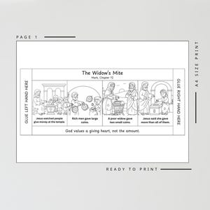 May include: Black and white illustration of "The Widow's Mite" from Mark, Chapter 12. The image shows Jesus watching people give money at the temple, rich men giving large coins, a poor widow giving two small coins, and Jesus's statement. Text includes "God values a giving heart, not the amount."