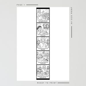 May include: Black and white illustrated print with sequential panels depicting a biblical story. Text includes "Crowds gathered to hear Jesus speak on the hill," and "A boy shared his five loaves and two fish."
