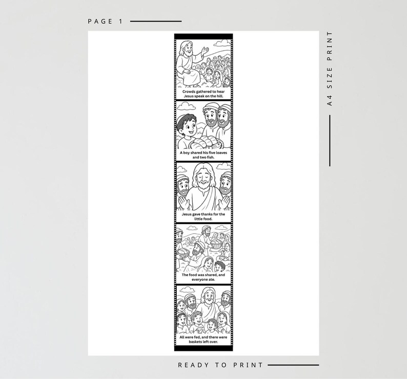 May include: Black and white illustrated print with sequential panels depicting a biblical story. Text includes "Crowds gathered to hear Jesus speak on the hill," and "A boy shared his five loaves and two fish."