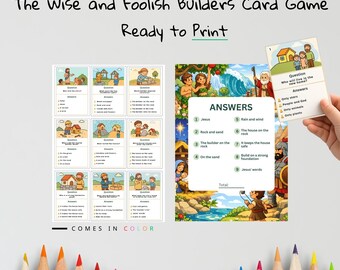 Gioco di carte bibliche per bambini "I costruttori saggi e stolti" / Attività su Matteo 7 per bambini / Materiale stampabile cristiano / Gioco di apprendimento della Bibbia