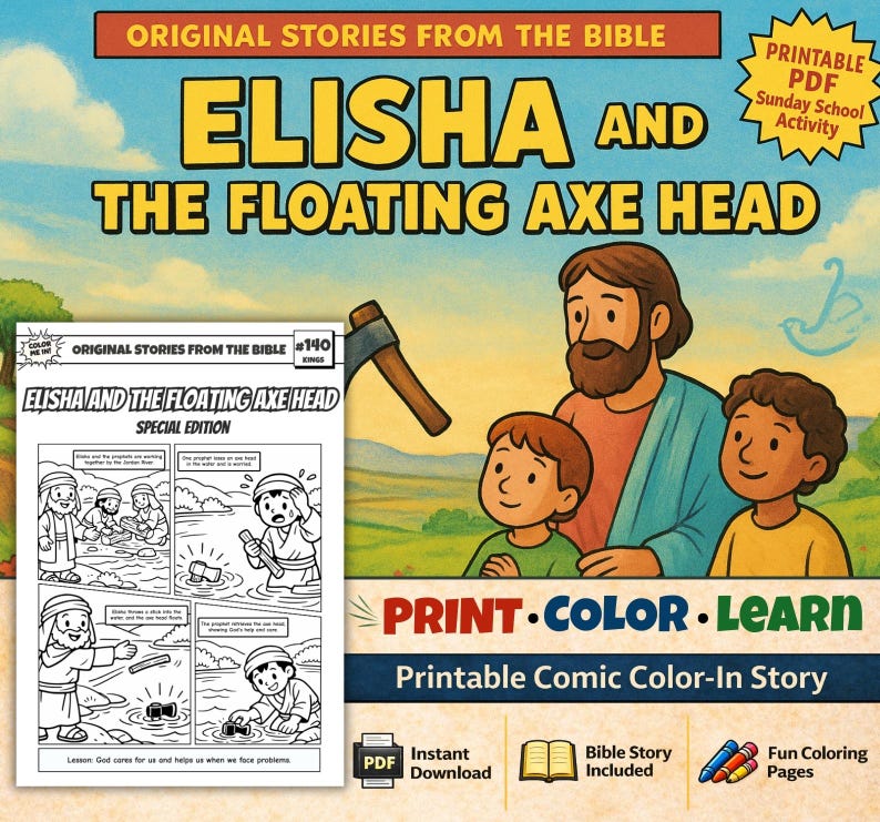 Elisha and the Floating Axe Head Bible Comic Colouring Page for Kids: listing photo