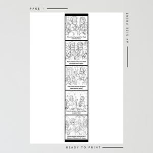 May include: Black and white illustrated print with text. The print features a series of panels depicting a biblical story. Text includes "The church prayed for Paul and Barnabas" and "Ready to print."