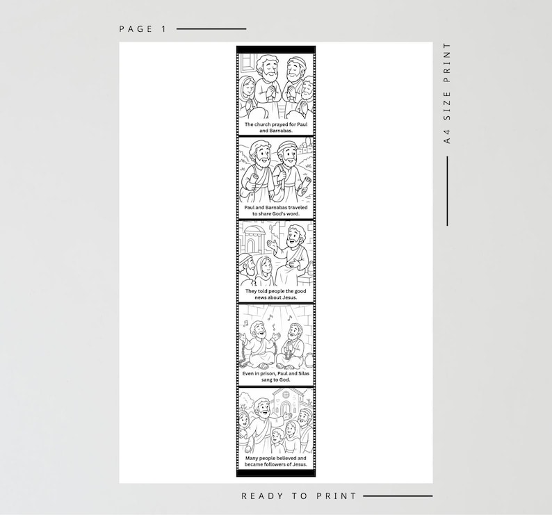 May include: Black and white illustrated print with text. The print features a series of panels depicting a biblical story. Text includes "The church prayed for Paul and Barnabas" and "Ready to print."
