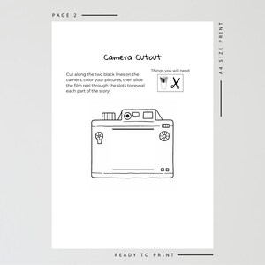 May include: A black and white line drawing of a camera cutout on a white page. The text "Camera Cutout" is at the top, with instructions below. The image includes a drawing of a camera, scissors, and a small pot with plants. The words "READY TO PRINT" are at the bottom.