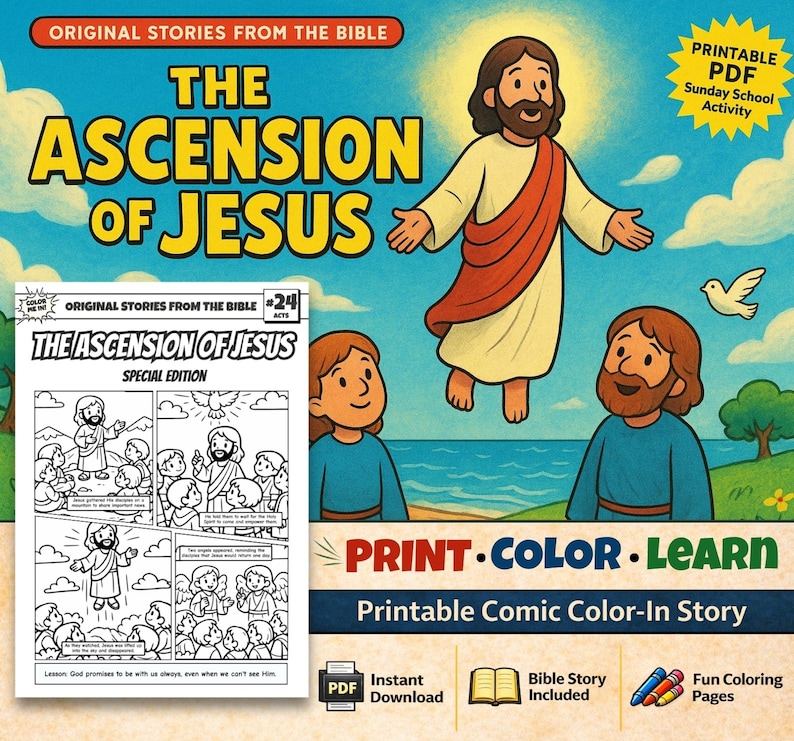 The Ascension of Jesus Bible Comic Colouring Page: listing photo