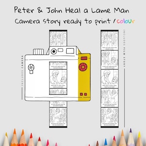 May include: A black and white illustration of a camera with a yellow accent, featuring a story about Peter and John healing a lame man. The text on the image reads "Peter & John Heal a Lame Man" and "Camera story ready to print / colour."
