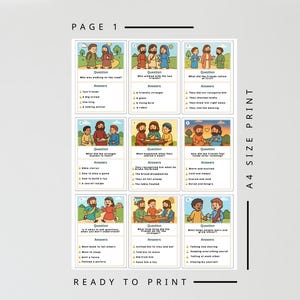 May include: A printable A4 size page with illustrated Bible story cards. Each card features a question and answer format with colorful illustrations of biblical scenes. The text "READY TO PRINT" is at the bottom.