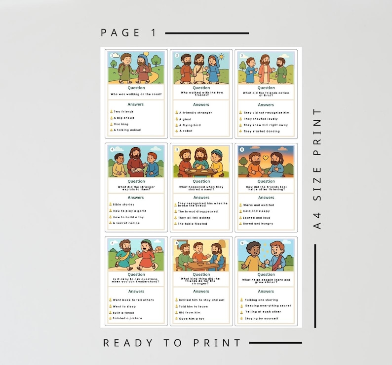 May include: A printable A4 size page with illustrated Bible story cards. Each card features a question and answer format with colorful illustrations of biblical scenes. The text "READY TO PRINT" is at the bottom.