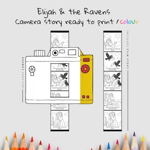 May include: A black and white illustration of a camera with a yellow accent, featuring a story about Elijah and the Ravens. The text "Elijah & the Ravens" and "camera story ready to print / colour" are visible. Includes film story.