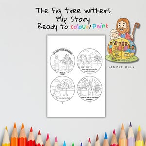 May include: A black and white colouring book page with the text "The Fig Tree Withers Flip Story Ready to Colour/Paint". The page has four circular illustrations from the Bible story. A colourful illustration of Jesus is in the upper right corner.