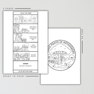 K&ouml;nnte beinhalten: Ausdruckbares Malbuch mit zwei Seiten und Schwarz-Wei&szlig;-Illustrationen. Eine Seite zeigt ein kreisf&ouml;rmiges Bild mit dem Text "JESUS BETET IN GETHSEMANE". Die andere Seite hat einen Comic mit dem Text "HIER OBEN KLEBEN" und "HIER UNTEN KLEBEN."