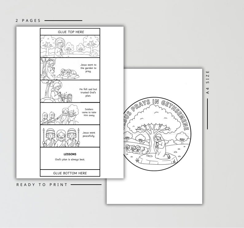K&ouml;nnte beinhalten: Ausdruckbares Malbuch mit zwei Seiten und Schwarz-Wei&szlig;-Illustrationen. Eine Seite zeigt ein kreisf&ouml;rmiges Bild mit dem Text "JESUS BETET IN GETHSEMANE". Die andere Seite hat einen Comic mit dem Text "HIER OBEN KLEBEN" und "HIER UNTEN KLEBEN."