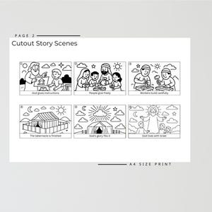 May include: Black and white illustrations of biblical scenes, including God giving instructions, people giving freely, and workers building. The text reads "Cutout Story Scenes" and "A4 SIZE PRINT".