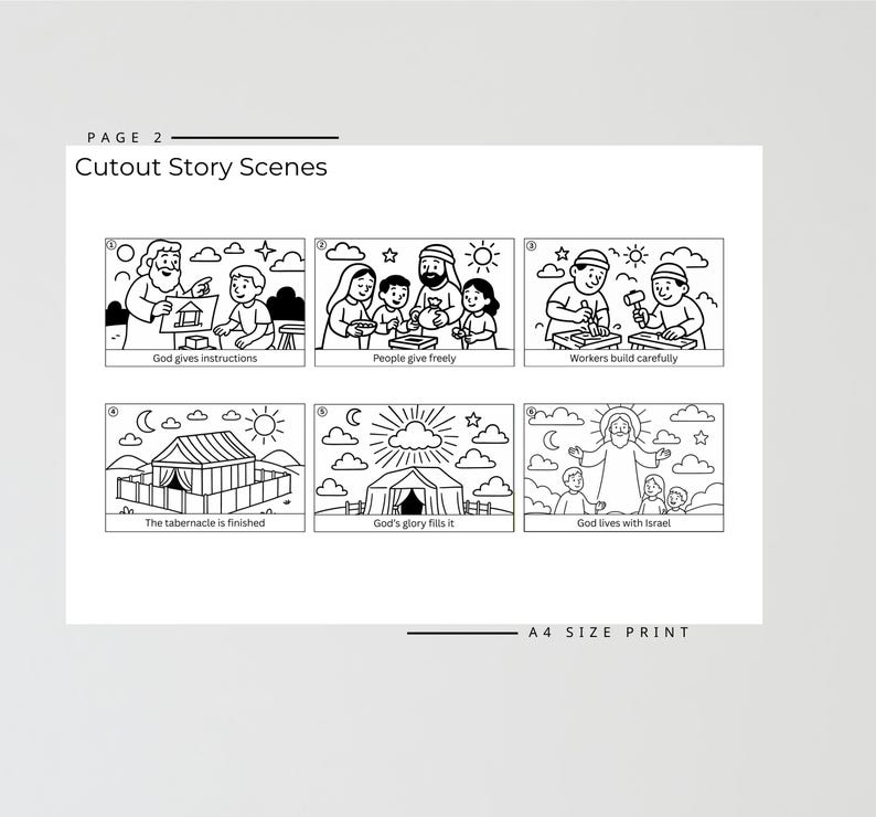 May include: Black and white illustrations of biblical scenes, including God giving instructions, people giving freely, and workers building. The text reads "Cutout Story Scenes" and "A4 SIZE PRINT".