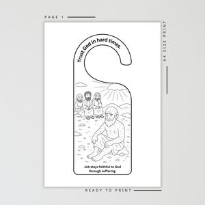 May include: Black and white door hanger with a biblical illustration. The top of the hanger reads "Trust God in hard times." The illustration depicts a man sitting on the ground with other figures in the background. The text "Job stays faithful to God through suffering" is at the bottom.