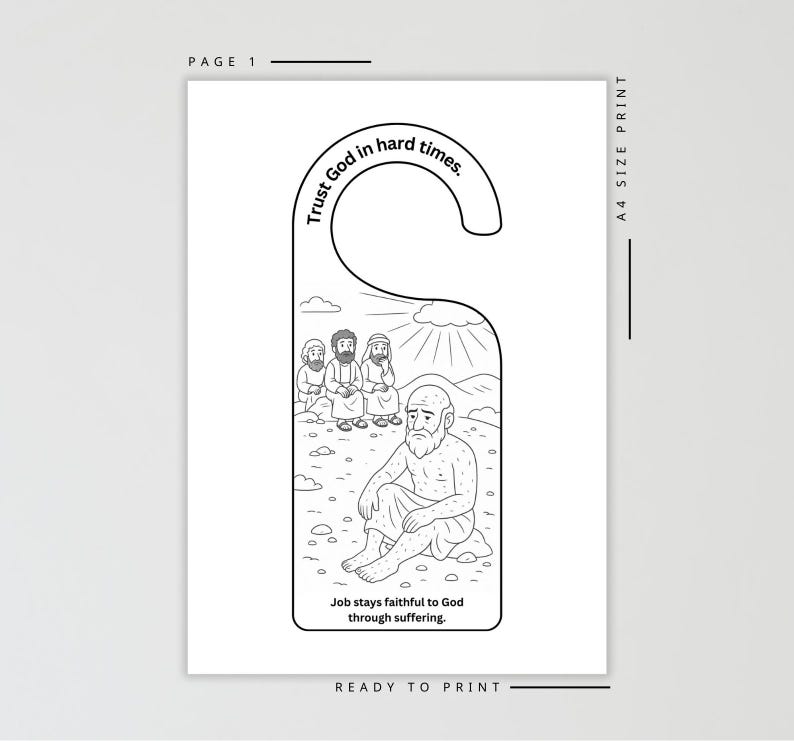 May include: Black and white door hanger with a biblical illustration. The top of the hanger reads "Trust God in hard times." The illustration depicts a man sitting on the ground with other figures in the background. The text "Job stays faithful to God through suffering" is at the bottom.