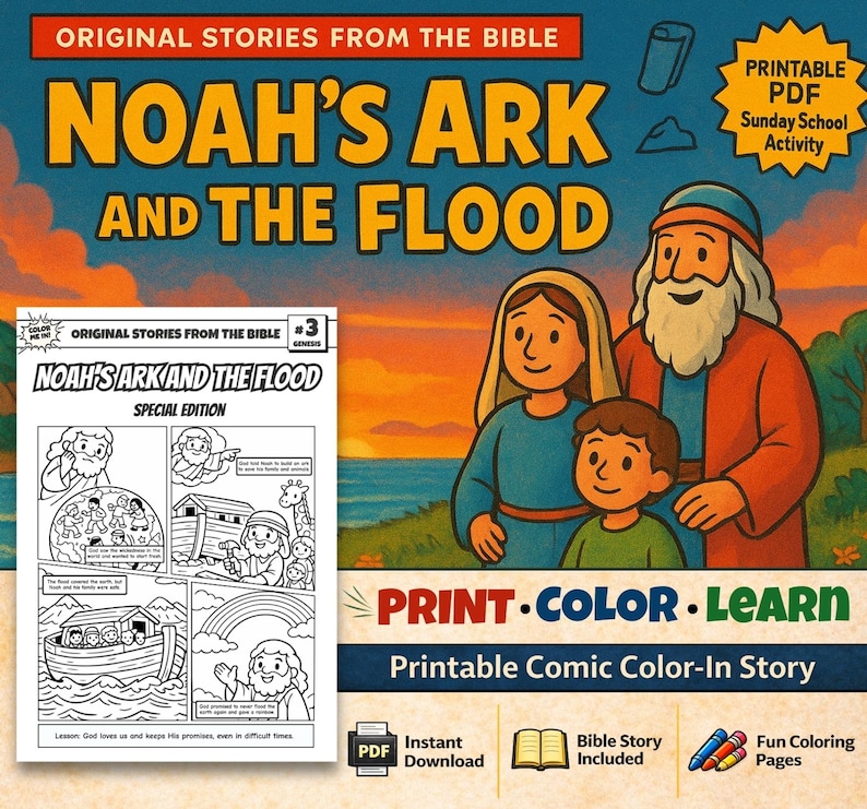 Noah’s Ark and the Flood Bible Comic Colouring Page: listing photo