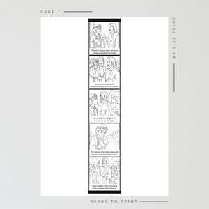 May include: Black and white illustrated print featuring a religious story in a comic strip format. The text includes phrases like "The rich young man came to Jesus" and "Jesus taught that following God is better than money."