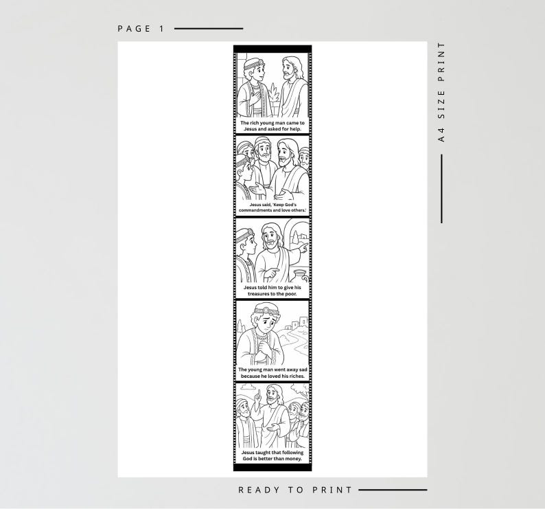 May include: Black and white illustrated print featuring a religious story in a comic strip format. The text includes phrases like "The rich young man came to Jesus" and "Jesus taught that following God is better than money."