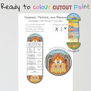 May include: A downloadable craft activity illustrating the story of Shadrach, Meshach, and Abednego. The image shows a story wheel with instructions to cut, fold, and glue the pieces. The example shows a colourful version of the craft.
