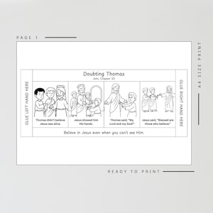 May include: Black and white illustration of a Bible story, "Doubting Thomas," with text and images. The text includes "John, Chapter 20" and quotes from the story. The image is labeled "Page 1" and is ready to print.