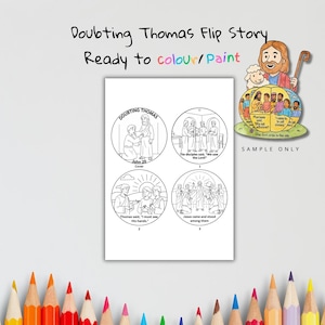 K&ouml;nnte beinhalten: Ein wei&szlig;es Papier mit einer Schwarz-Wei&szlig;-Illustration der Geschichte von Thomas dem Zweifler, mit dem Text "Doubting Thomas Flip Story Ready to colour/Paint". Das Bild enth&auml;lt vier kreisf&ouml;rmige Illustrationen und ein farbiges Beispiel.