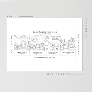 May include: Black and white illustrated page titled "David Spares Saul's Life" from 1 Samuel, Chapter 24. The page features a comic strip with text and images depicting a biblical story. The text includes "Forgive even when it's hard."