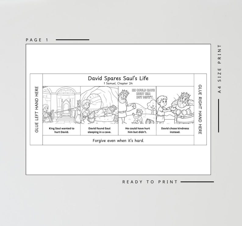 May include: Black and white illustrated page titled "David Spares Saul's Life" from 1 Samuel, Chapter 24. The page features a comic strip with text and images depicting a biblical story. The text includes "Forgive even when it's hard."