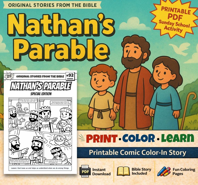 Nathan’s Parable Bible Comic Colouring Page: listing photo