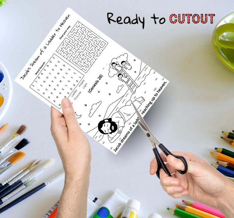 May include: A black and white activity sheet titled "Jacob's Dream of a Ladder to Heaven" is being cut with scissors. The sheet includes a word search, a maze, and an illustration of a ladder reaching up to heaven. The text "Ready to CUTOUT" is at the top.