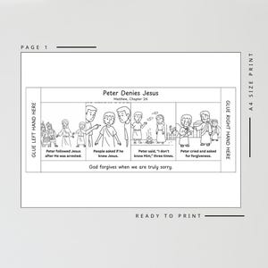 May include: Black and white illustration depicting the biblical story of "Peter Denies Jesus," with text and sequential panels. The text includes "Matthew, Chapter 26" and "God forgives when we are truly sorry."