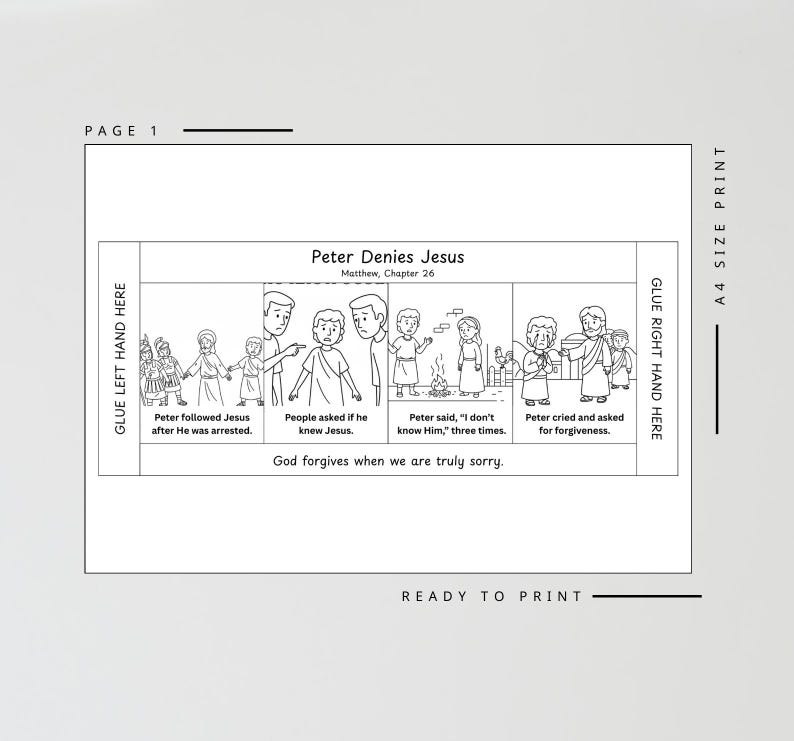 May include: Black and white illustration depicting the biblical story of "Peter Denies Jesus," with text and sequential panels. The text includes "Matthew, Chapter 26" and "God forgives when we are truly sorry."